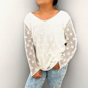 White Open Knit Crochet V-Neck Sweater